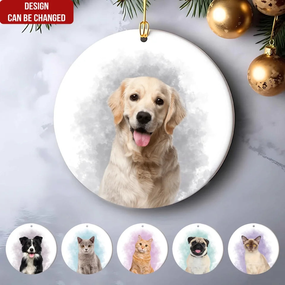 Custom Photo Pet Watercolor Ornament - Personalized Circle Ceramic Ornament - Christmas Gift for Dog Lovers, Cat Lovers, Pet Lovers 1