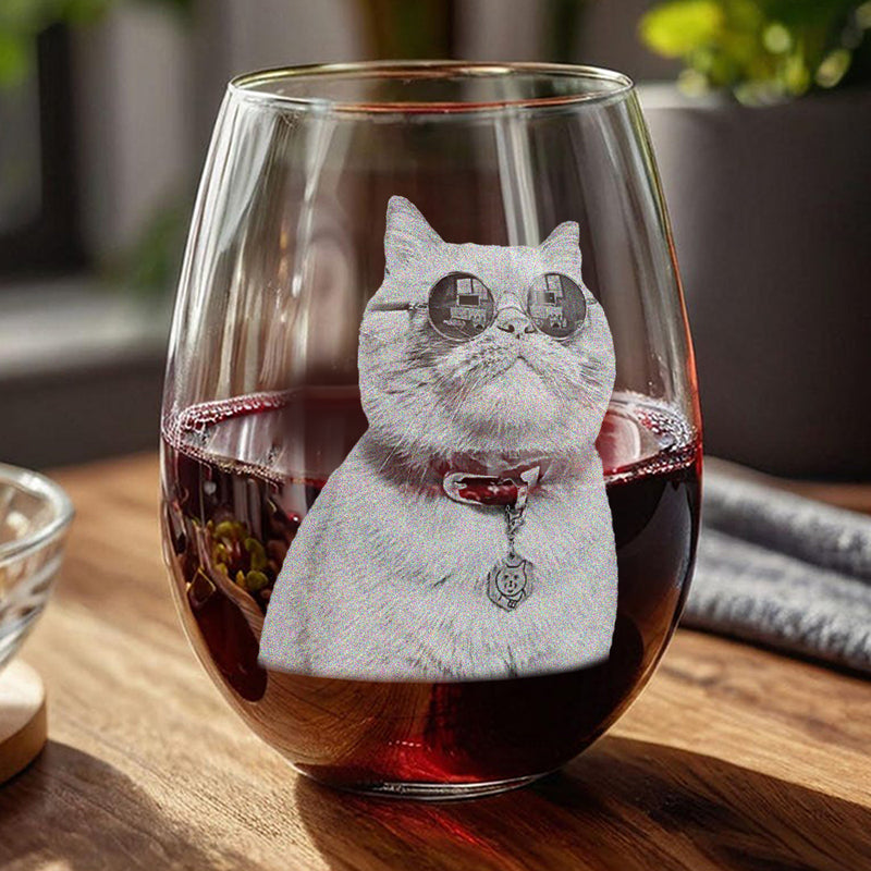 Custom Photo Pet Portrait Dog/Cat - Personalized Stemless Wine Glass - Gift for Dog/Cat Lovers, Pet Lovers, Dog Mom, Cat Mom, Dog Dad, Cat Dad