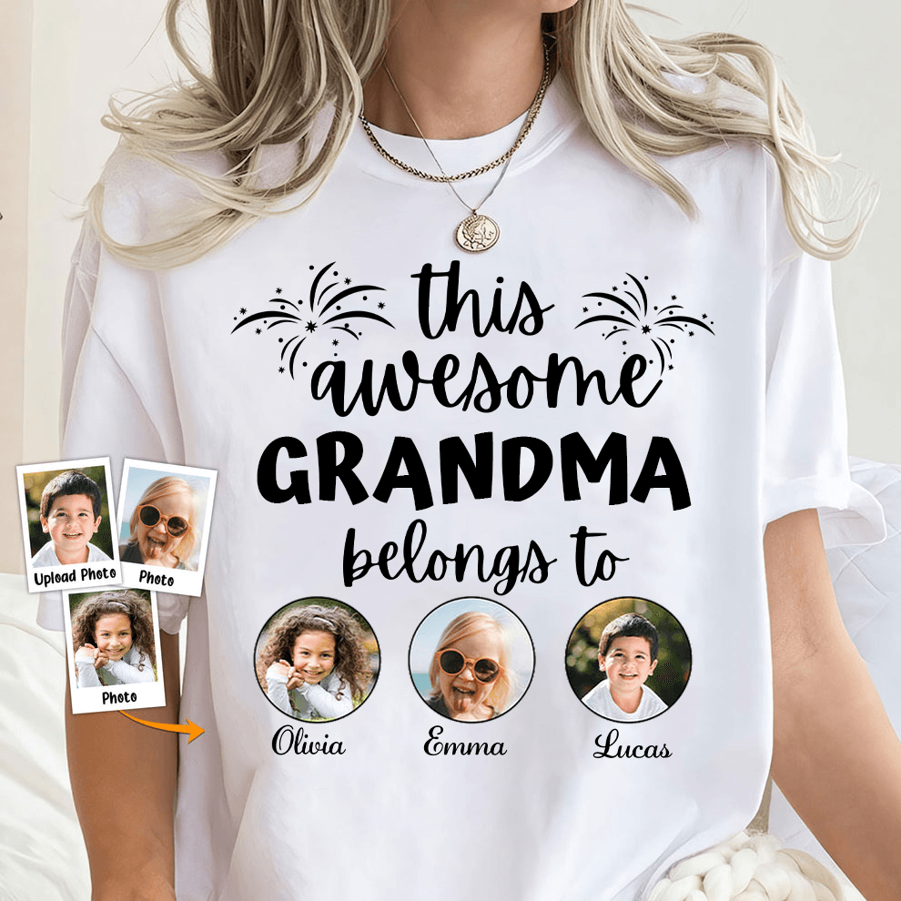 Custom Photo This Awesome Grandma Belongs To - Personalized Custom T Shirt - Gift for Grandma/Nana/Mimi, Mom, Wife, Grandparent