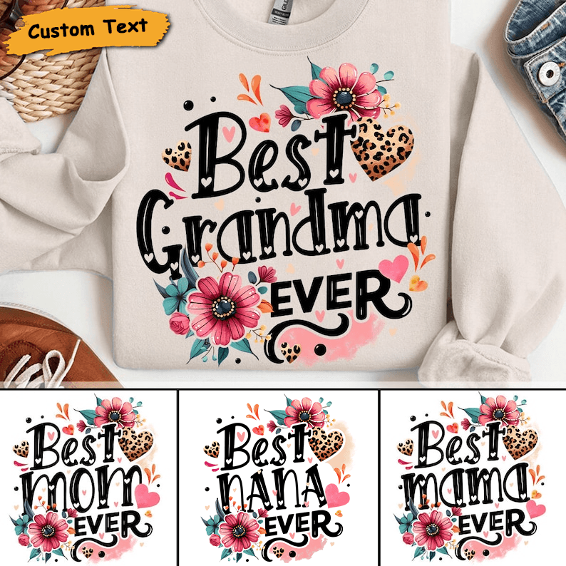 Best Grandma Ever Retro Boho Personalized Custom T Shirt Gift for Grandma/Nana/Mimi, Mom, Wife, Grandparent
