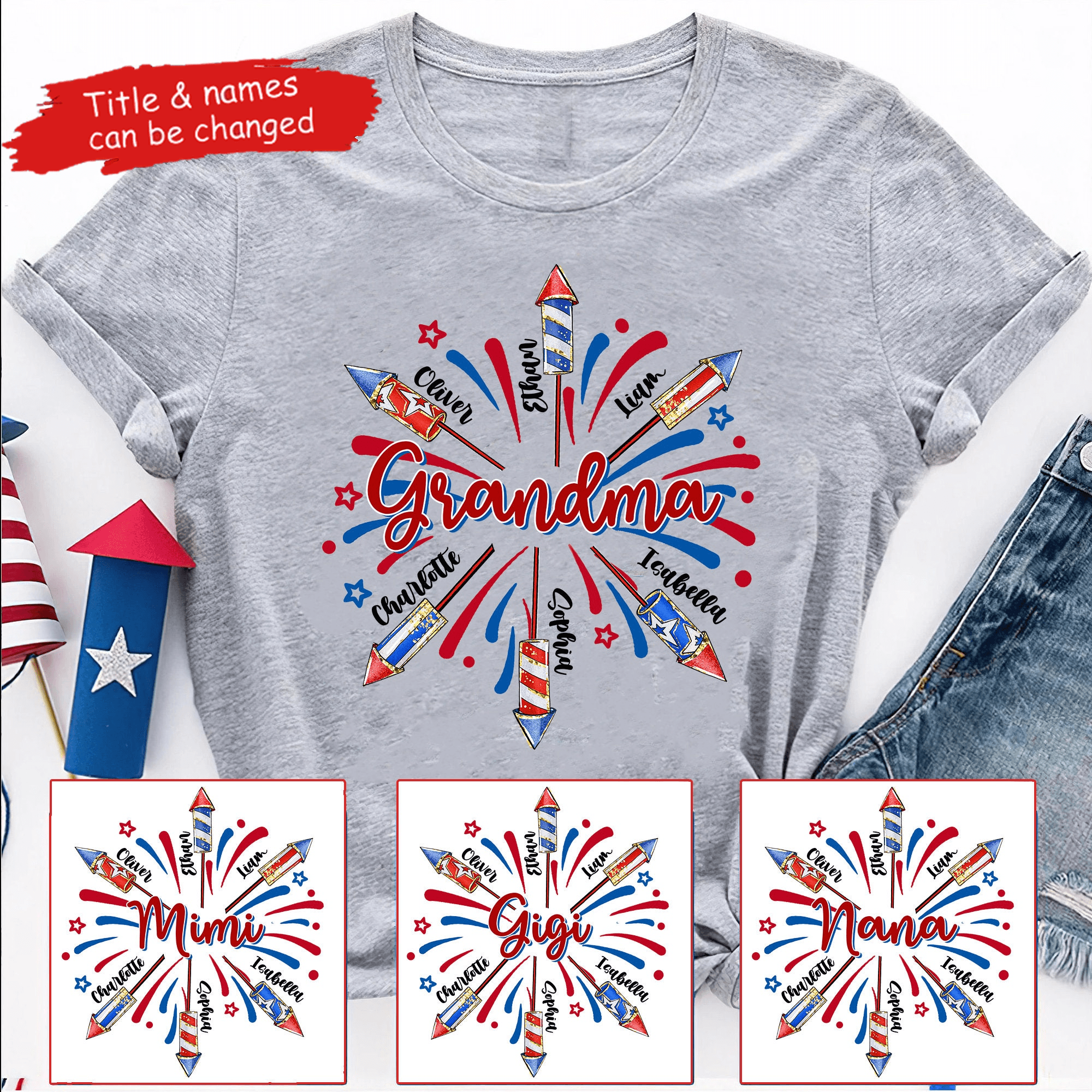 Patriotic 4th of July Grandma With Grandkids Names - Personalized Custom T Shirt - Gift for Grandma/Nana/Mimi, Mom, Wife, Grandparent - Suzitee Store