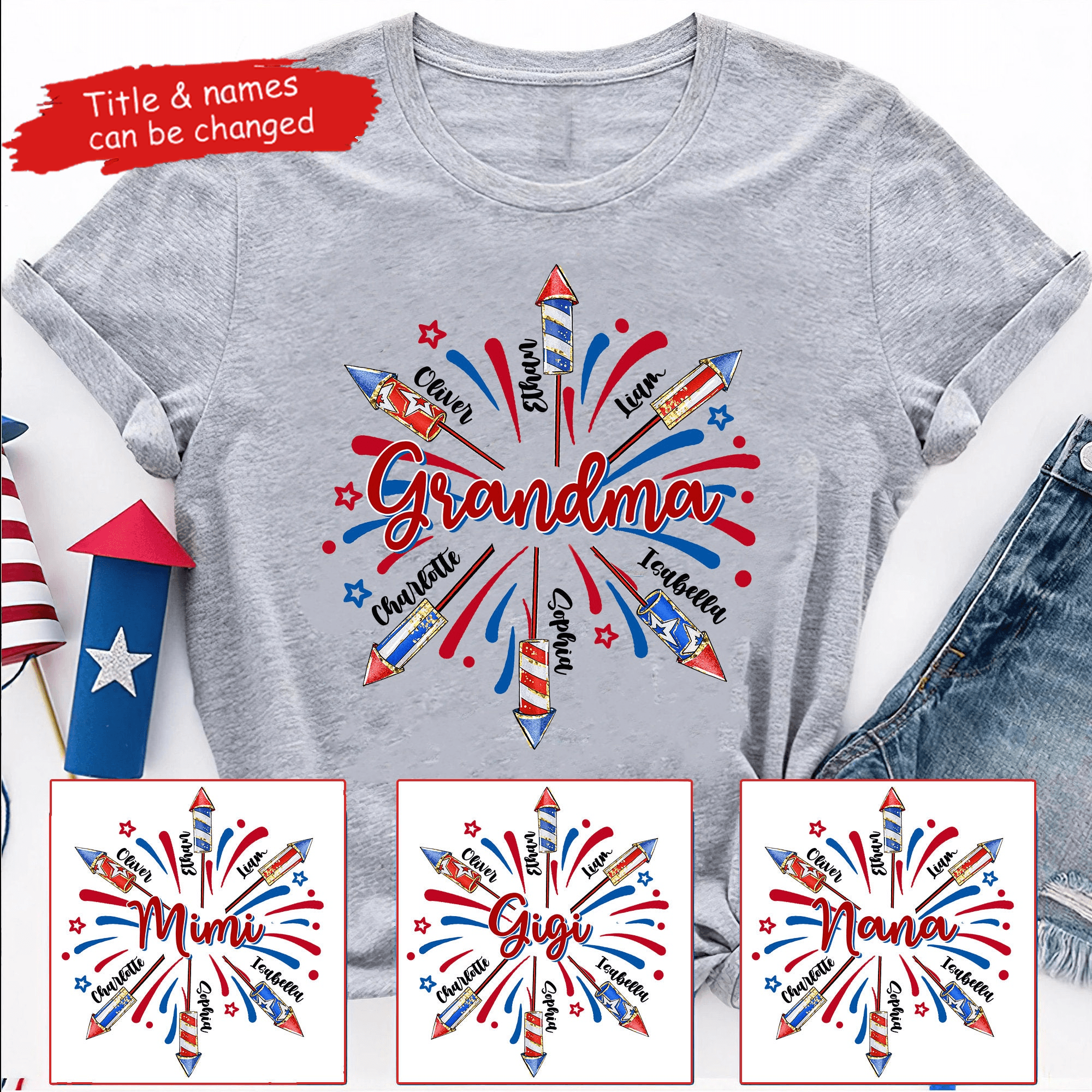 Patriotic 4th of July Grandma With Grandkids Names - Personalized Custom T Shirt - Gift for Grandma/Nana/Mimi, Mom, Wife, Grandparent