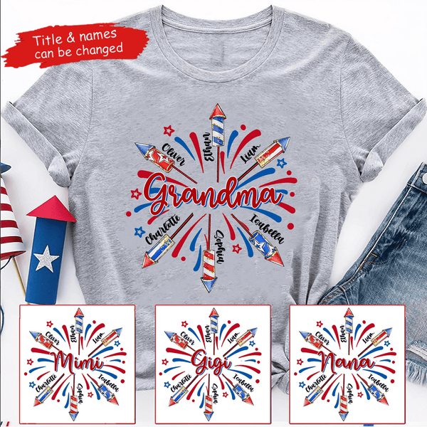 Patriotic 4th of July Grandma With Grandkids Names - Personalized Custom T Shirt - Gift for Grandma/Nana/Mimi, Mom, Wife, Grandparent