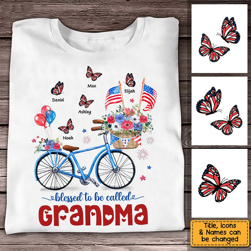 Patriotic Bicycle &amp; Butterfly 4th of July - Personalized Custom Shirt - Gift for Mom, Grandma