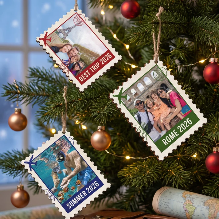 Custom Photo Postage Stamp Memories Family - Personalized Wood Ornament - Christmas Gifts For Mom, Dad, Brother, Sister
