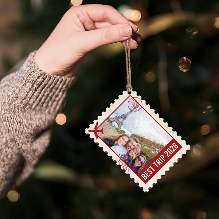Custom Photo Postage Stamp Memories Family - Personalized Wood Ornament - Christmas Gifts For Mom, Dad, Brother, Sister