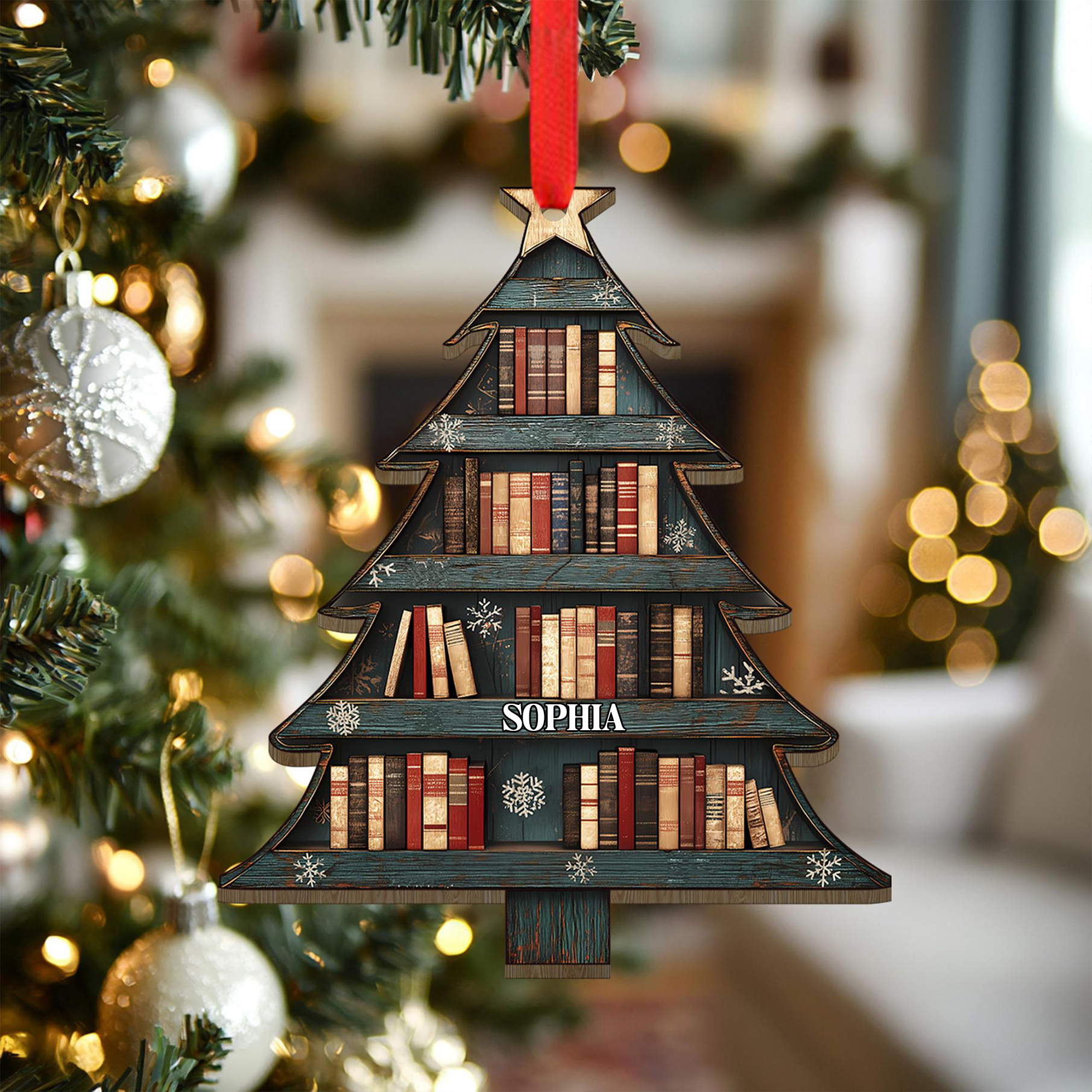 Custom Name Christmas Book Tree - Personalized Wood Ornament - Christmas Gift For Book Lovers, Librarian