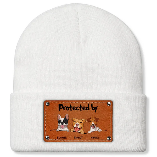 Protected By Dog - Personalized Leather Knitted Beanie - Gift For Kids, Dog Lovers, Cat Lovers