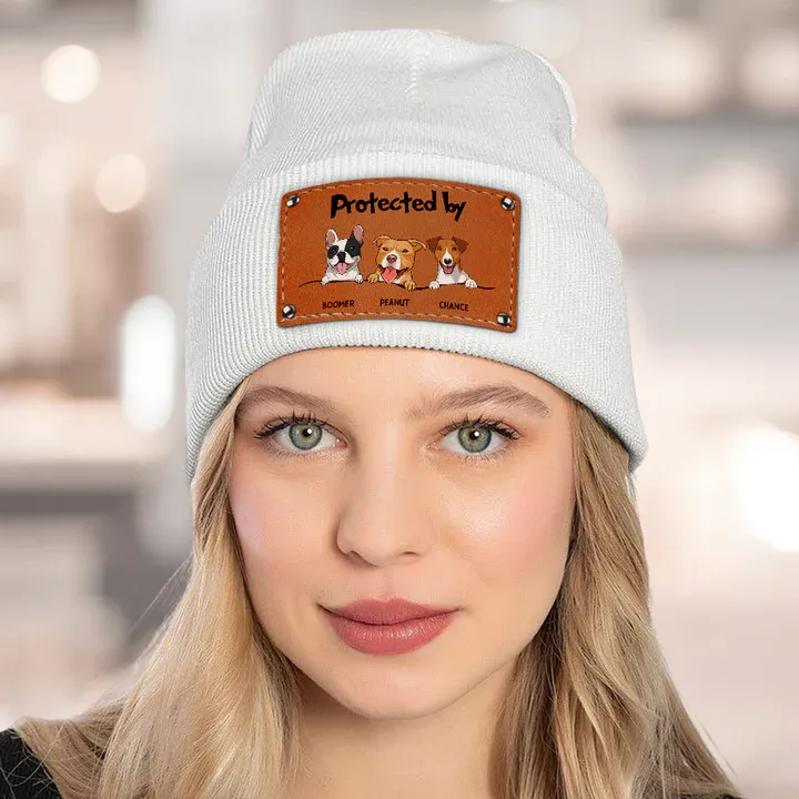Protected By Dog - Personalized Leather Knitted Beanie - Gift For Kids, Dog Lovers, Cat Lovers