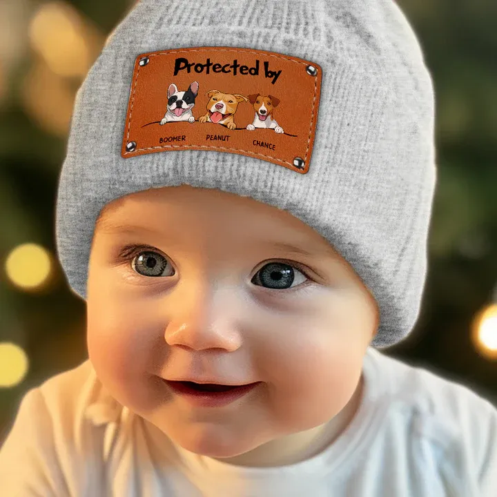Protected By Dog - Personalized Leather Knitted Beanie - Gift For Kids, Dog Lovers, Cat Lovers