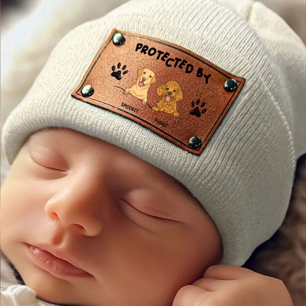 Protected By Dog - Personalized Leather Knitted Beanie - Gift For Kids, Dog Lovers, Cat Lovers
