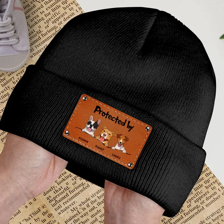 Protected By Dog - Personalized Leather Knitted Beanie - Gift For Kids, Dog Lovers, Cat Lovers