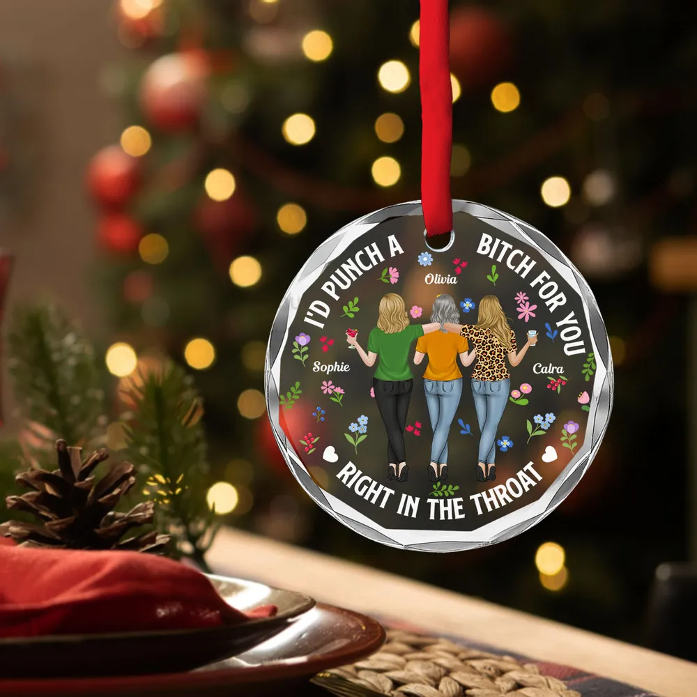 Personalized Punch Bitch Besties circle glass ornament, alternate view 2