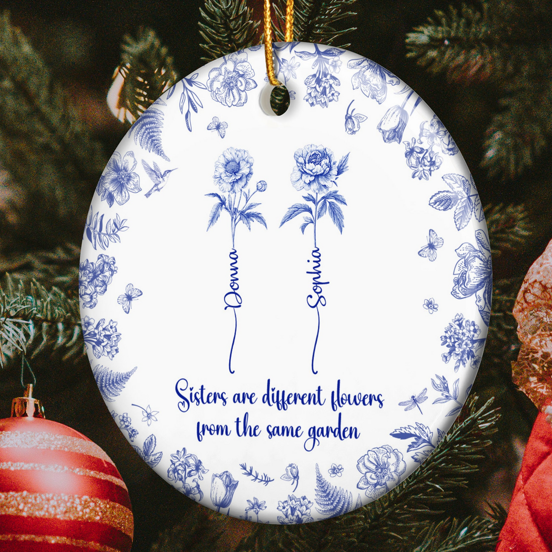 Personalized Sisters Are Different Flowers From The Same Garden Toile De Jouy circle ceramic ornament, alternate view 3