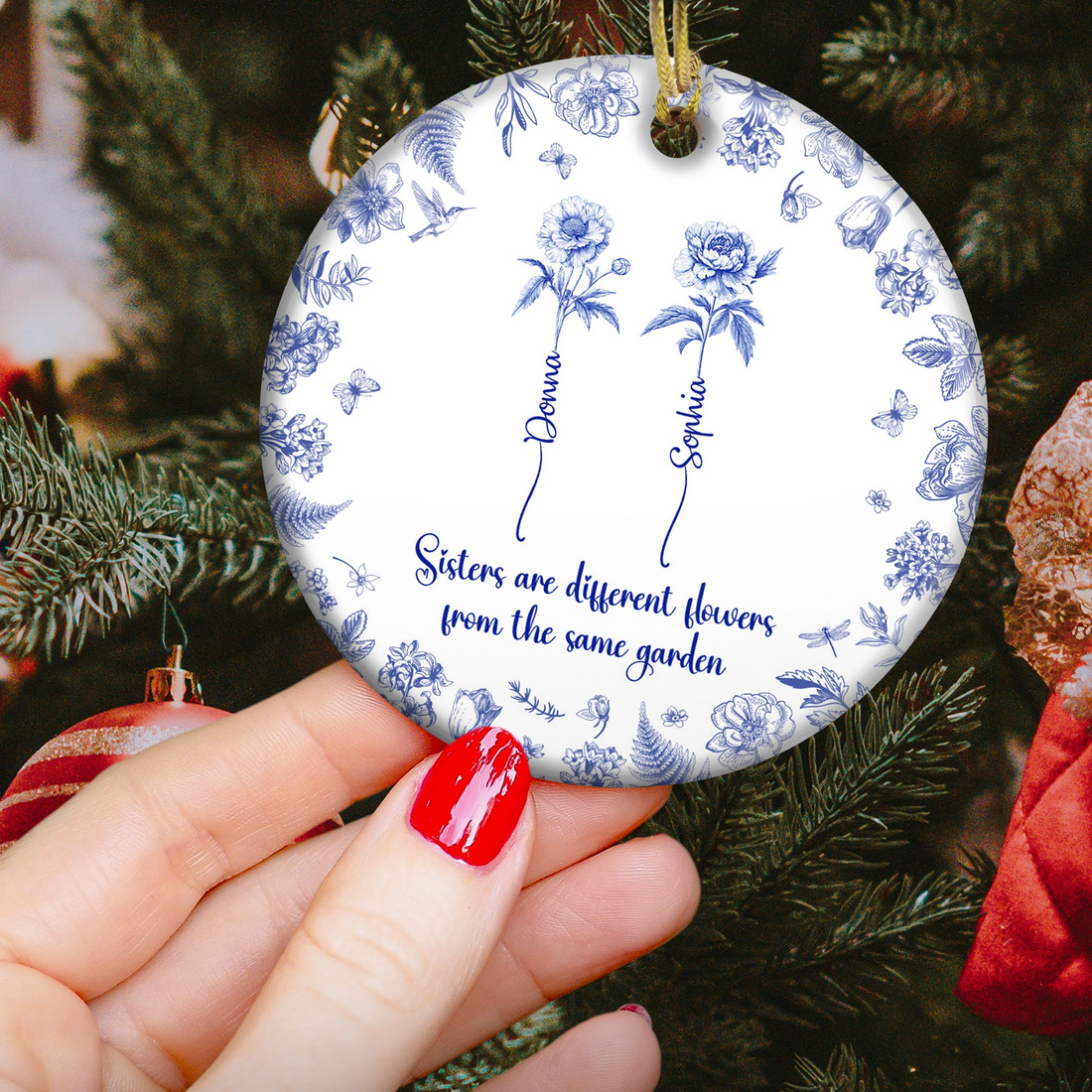 Personalized Sisters Are Different Flowers From The Same Garden Toile De Jouy circle ceramic ornament, alternate view 2