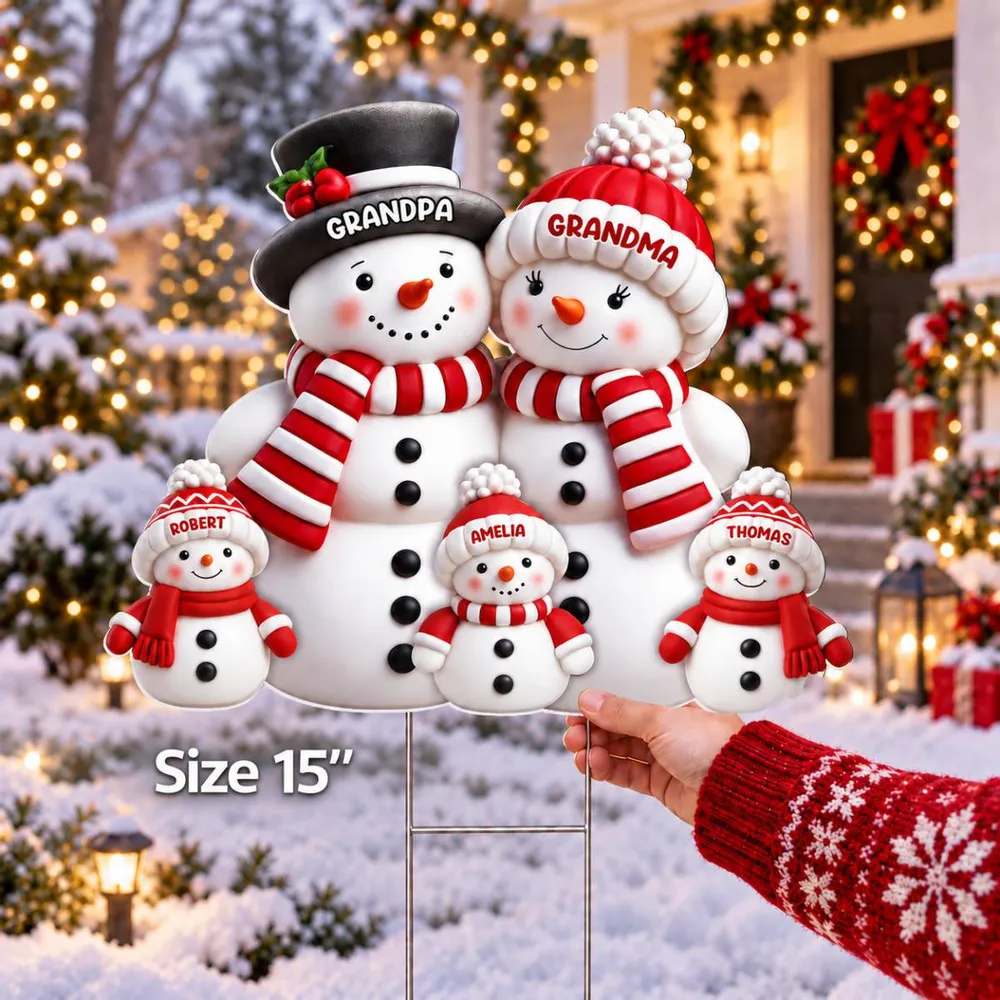 Christmas Cute Snowman Grandpa Grandma Grandkids - Personalized Custom Shaped Yard Sign - Christmas Decor For Grandparents