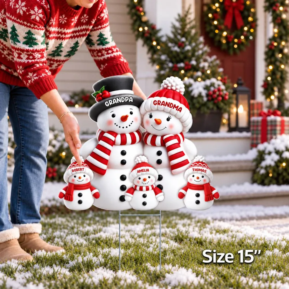 Christmas Cute Snowman Grandpa Grandma Grandkids - Personalized Custom Shaped Yard Sign - Christmas Decor For Grandparents