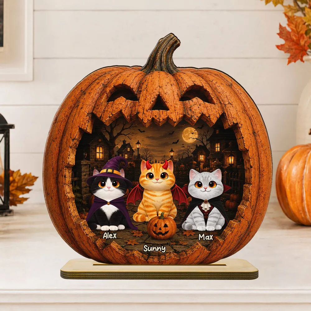 Spooky Halloween Pumpkin Cats 2D Flat Printed - Personalized 2-Layered Wooden Plaque - Halloween Gift for Cat Lovers, Pet Lovers, Cat Mom, Cat Dad
