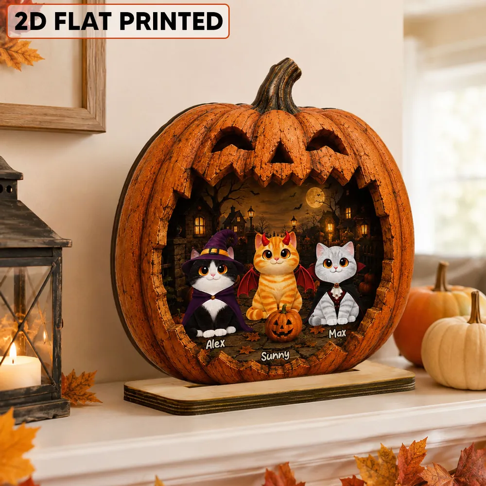 Spooky Halloween Pumpkin Cats 2D Flat Printed - Personalized 2-Layered Wooden Plaque - Halloween Gift for Cat Lovers, Pet Lovers, Cat Mom, Cat Dad