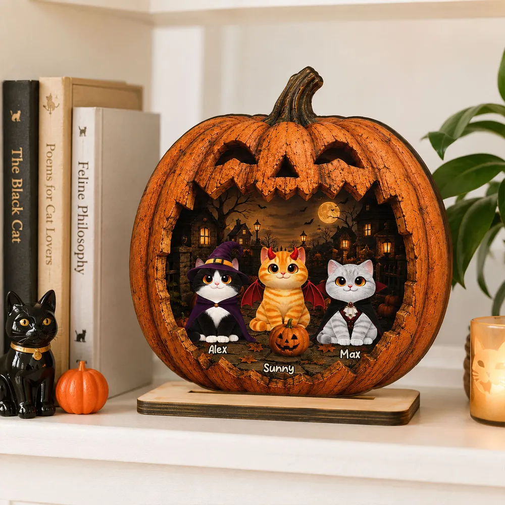 Spooky Halloween Pumpkin Cats 2D Flat Printed - Personalized 2-Layered Wooden Plaque - Halloween Gift for Cat Lovers, Pet Lovers, Cat Mom, Cat Dad