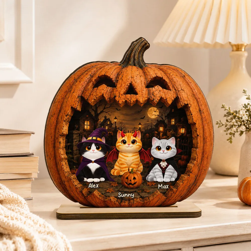 Spooky Halloween Pumpkin Cats 2D Flat Printed - Personalized 2-Layered Wooden Plaque - Halloween Gift for Cat Lovers, Pet Lovers, Cat Mom, Cat Dad