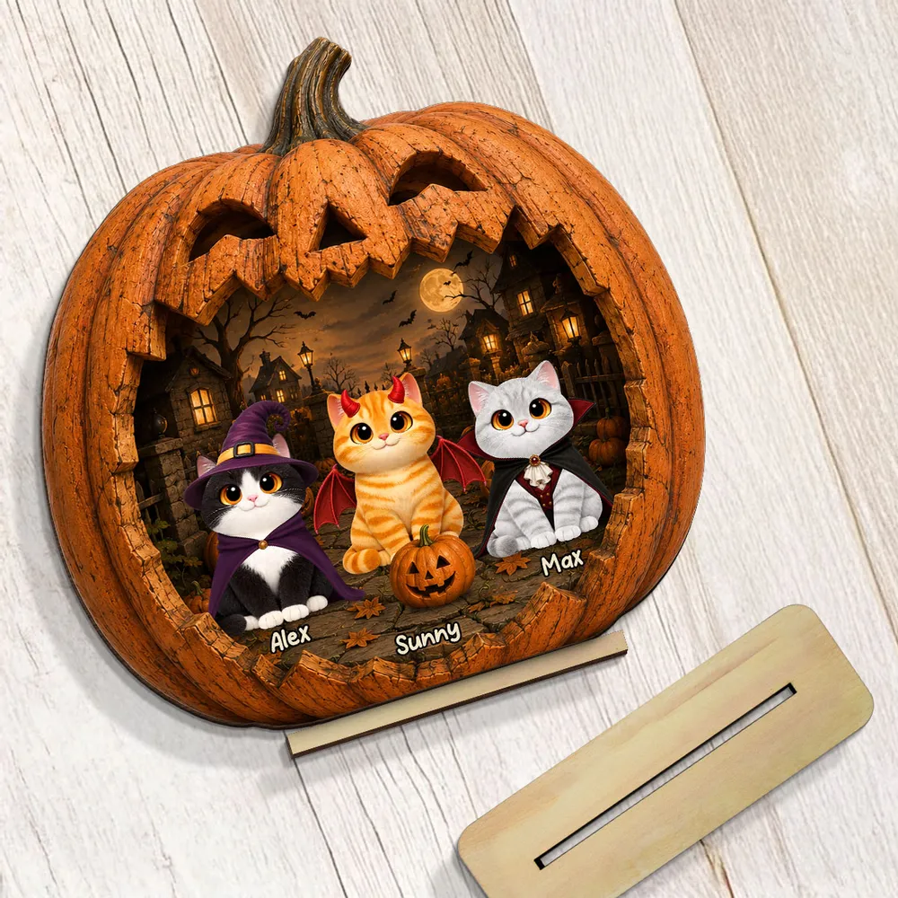 Spooky Halloween Pumpkin Cats 2D Flat Printed - Personalized 2-Layered Wooden Plaque - Halloween Gift for Cat Lovers, Pet Lovers, Cat Mom, Cat Dad