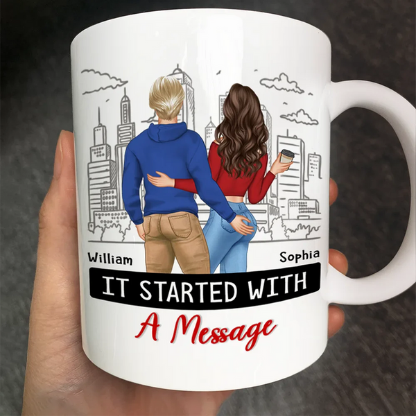 Couple's Personalized Love Story Mug: "It Started With A Message" Custom Illustration - Anniversary or Birthday Gift for Him and Her