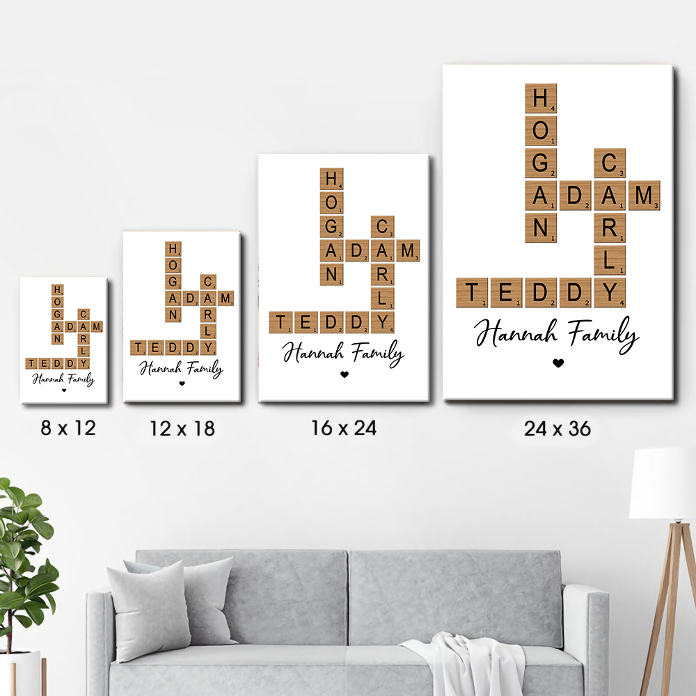 Personalized Family Crossword Art canvas print, size options shown on a sofa wall