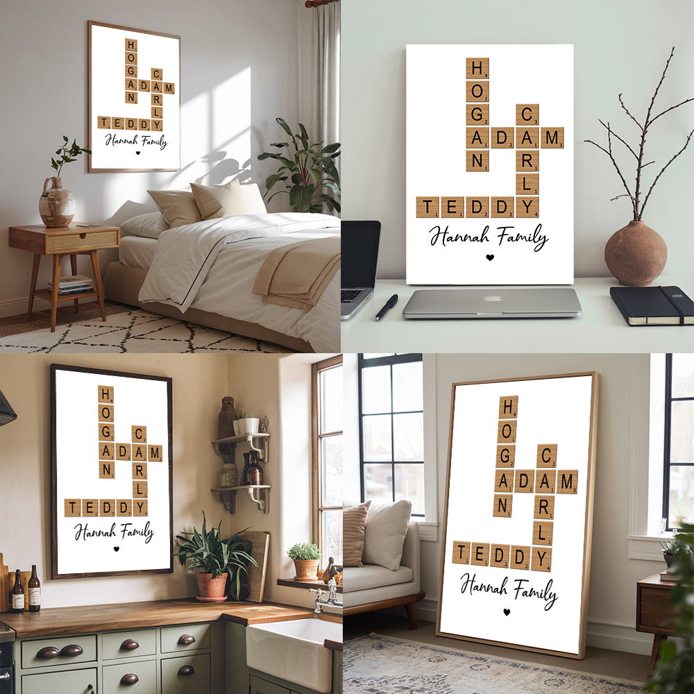 Personalized Family Crossword Art canvas print, room placement ideas for bedroom, desk, kitchen and living room