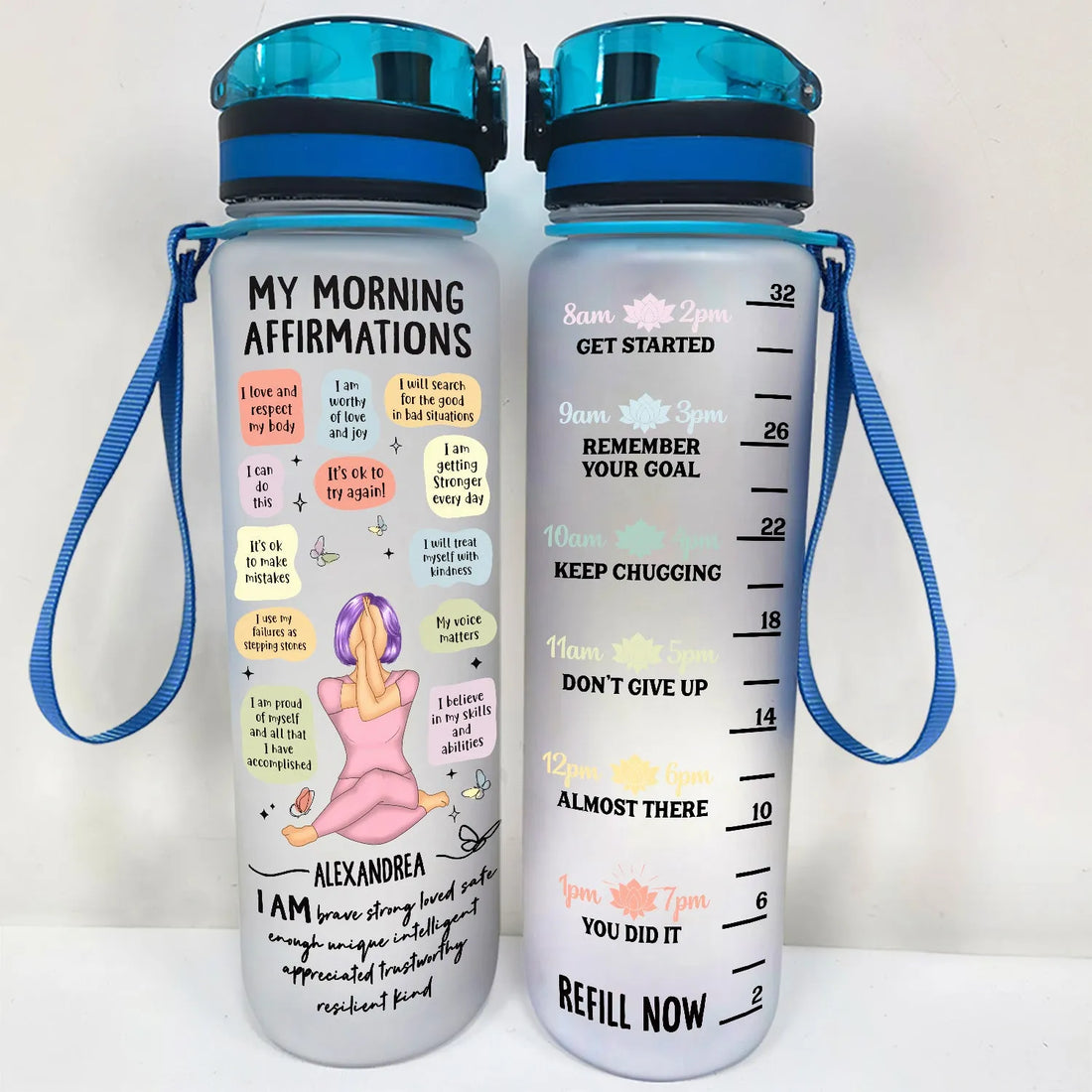 Personalized Yoga Girl Morning Affirmations tracker bottle, alternate view 3