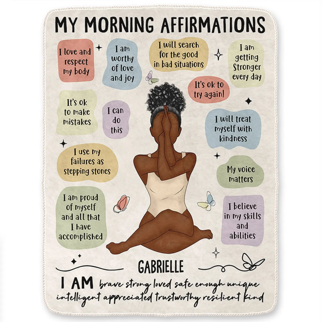 Personalized Yoga Girl Morning Affirmations fleece blanket, held up in a bright room