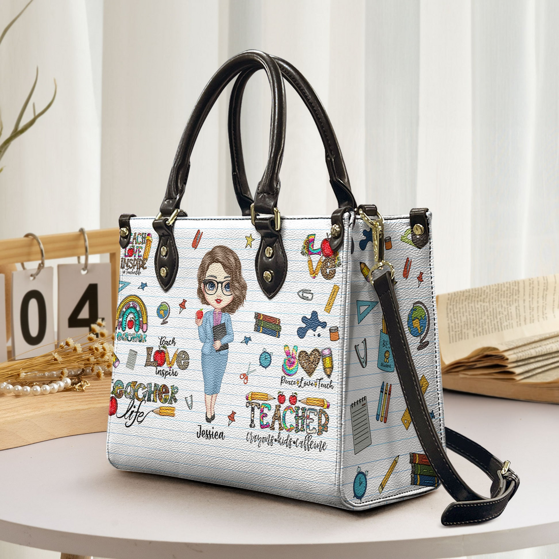 Personalized Teacher Life handbag, carried on the shoulder