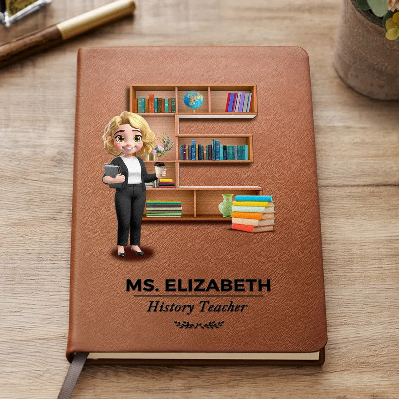 Teacher Alphabet Bookshelf Letter - Personalized Leather Journal - Back To School Gift For Teachers, Educators