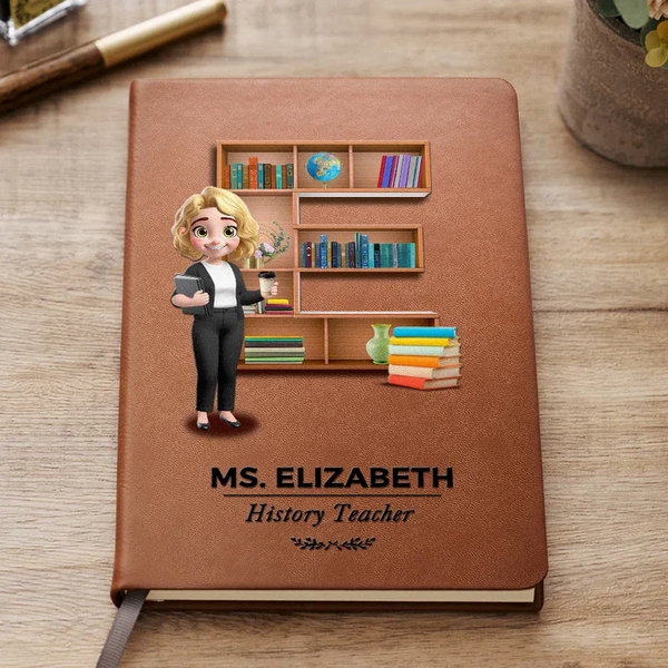 Teacher Alphabet Bookshelf Letter - Personalized Leather Journal - Back To School Gift For Teachers, Educators