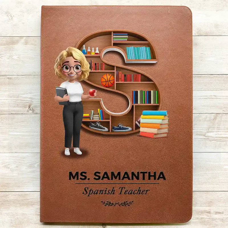 Teacher Alphabet Bookshelf Letter - Personalized Leather Journal - Back To School Gift For Teachers, Educators