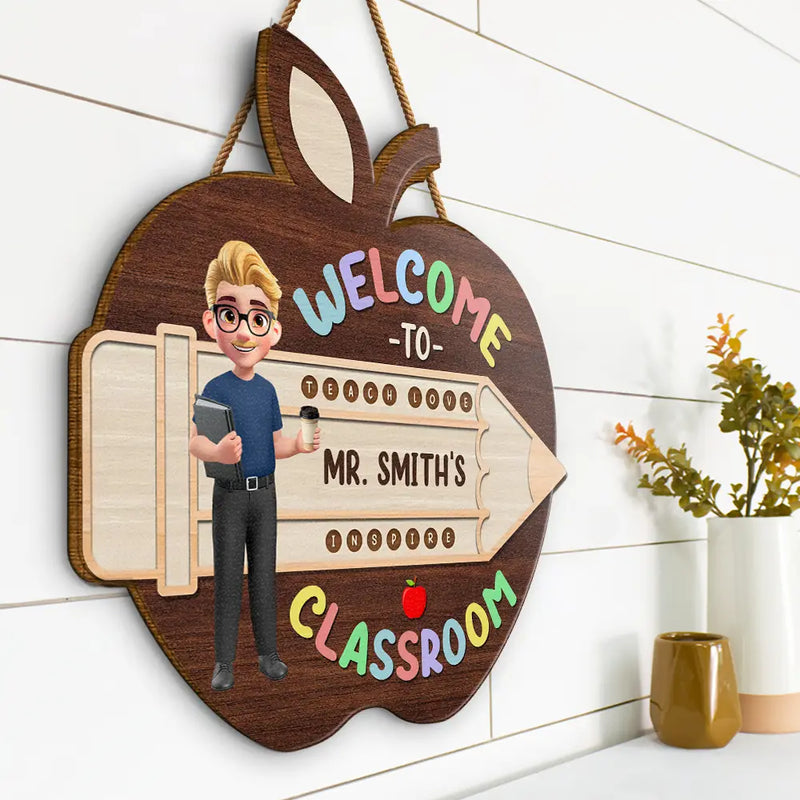 Teacher Apple Class Name - Personalized Custom Shaped Wood Sign - Back To School, 1st Day of School - Custom Gift For Teachers & Educators, Classroom Decoration