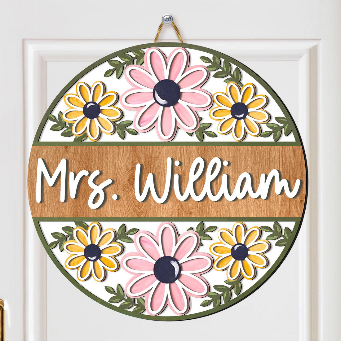 Personalized Retro Floral Teacher Door Sign round wood sign, alternate view 2