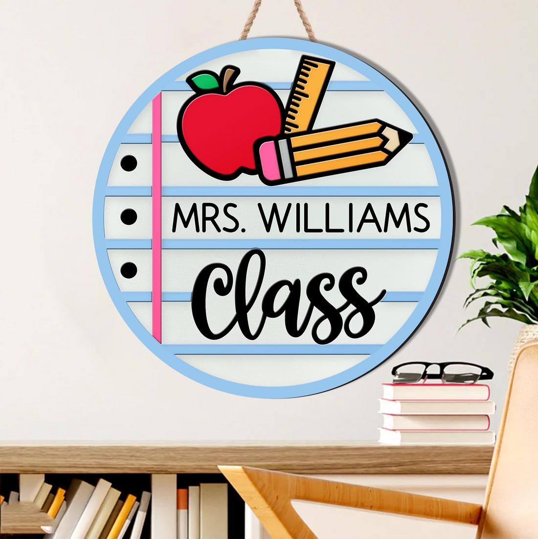 Personalized Teacher Class Sign round wood sign, alternate view 3