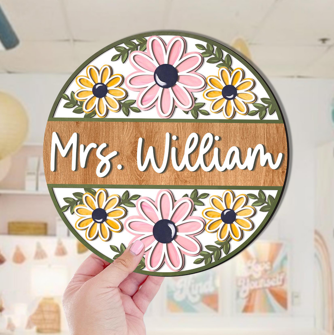 Personalized Retro Floral Teacher Door Sign round wood sign, alternate view 4