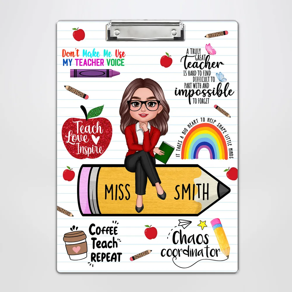 Teacher Sitting On Pencil - Personalized Custom Clipboard - Back To School Gift For Teacher, Educator, Kindergarten, Preschool, Pre K, Paraprofessional