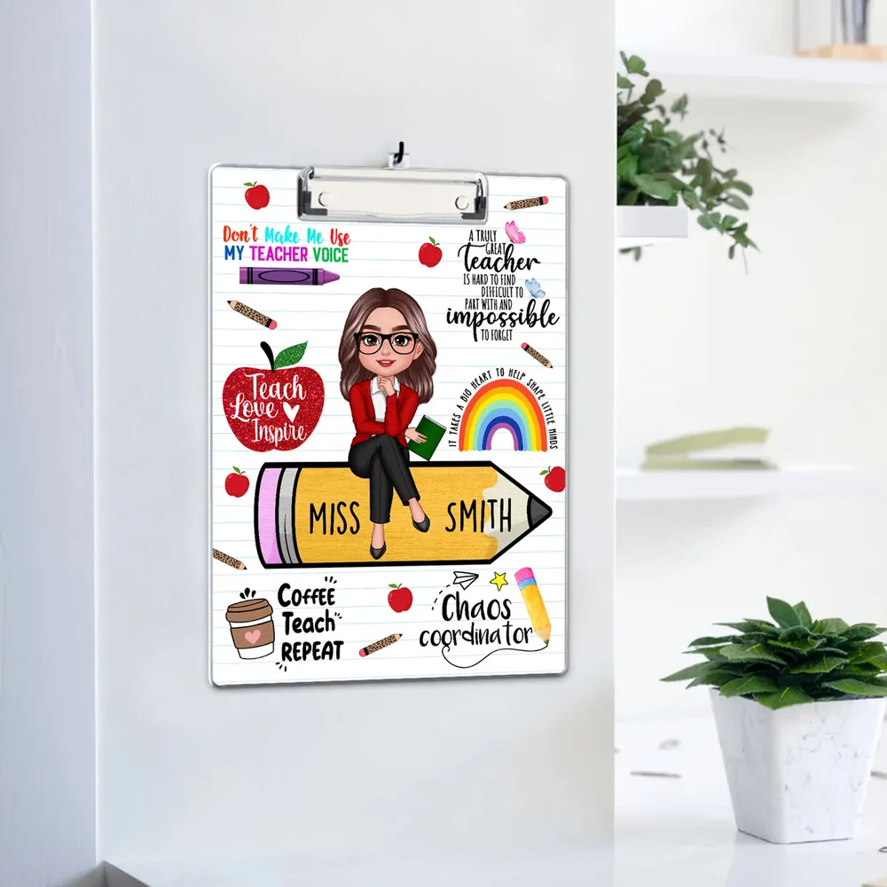Teacher Sitting On Pencil - Personalized Custom Clipboard - Back To School Gift For Teacher, Educator, Kindergarten, Preschool, Pre K, Paraprofessional