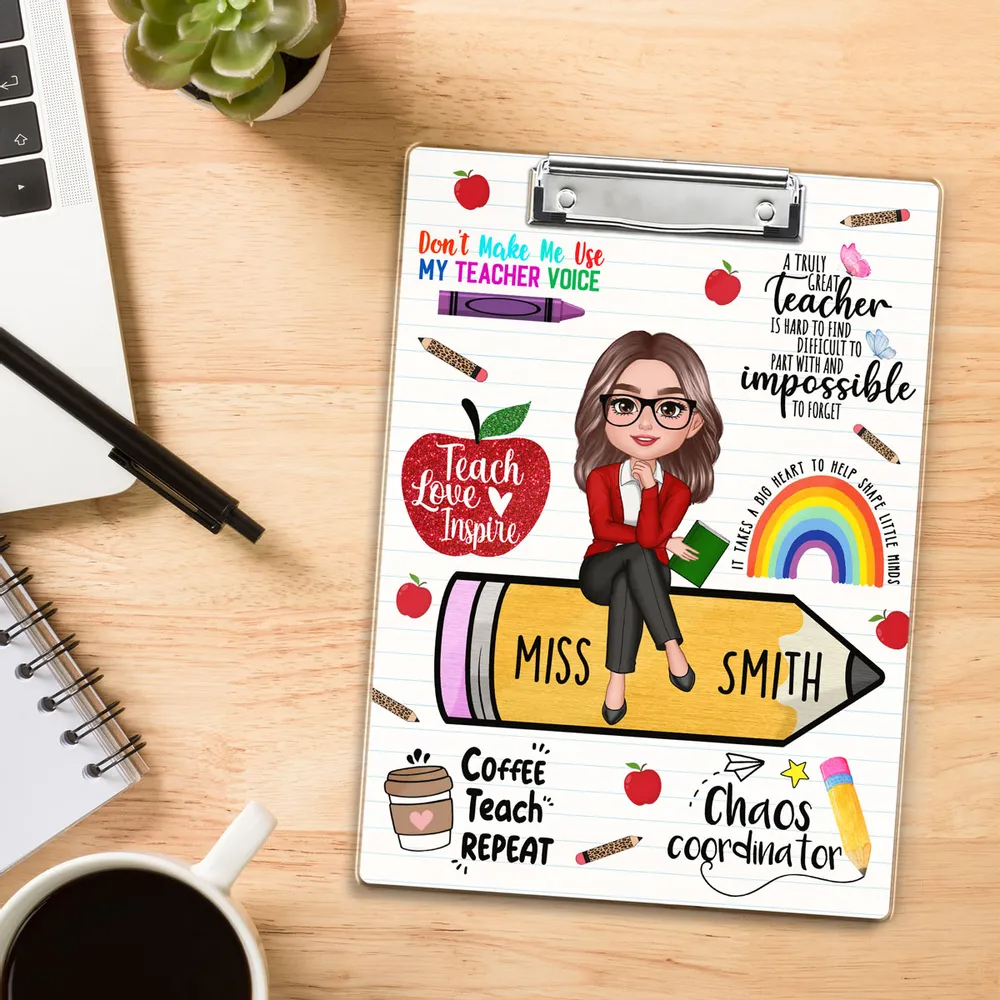 Teacher Sitting On Pencil - Personalized Custom Clipboard - Back To School Gift For Teacher, Educator, Kindergarten, Preschool, Pre K, Paraprofessional