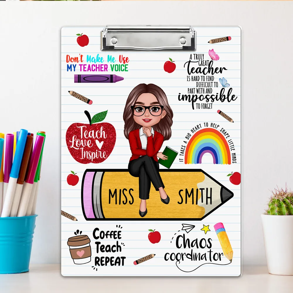 Teacher Sitting On Pencil - Personalized Custom Clipboard - Back To School Gift For Teacher, Educator, Kindergarten, Preschool, Pre K, Paraprofessional