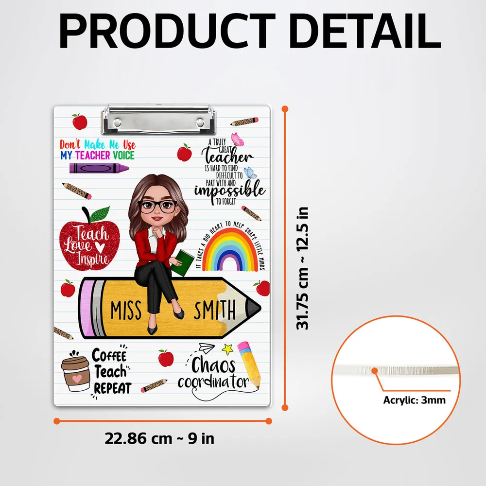 Teacher Sitting On Pencil - Personalized Custom Clipboard - Back To School Gift For Teacher, Educator, Kindergarten, Preschool, Pre K, Paraprofessional