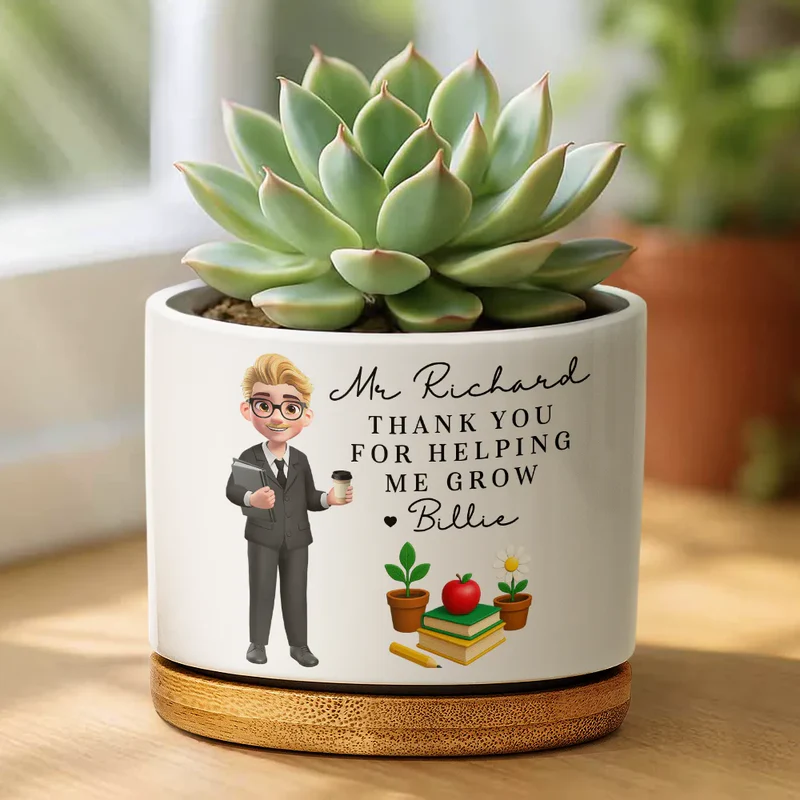 Teacher Thank You For Helping Me Grow - Personalized Ceramic Plant Pot - Back To School Gift For Teachers, Educators