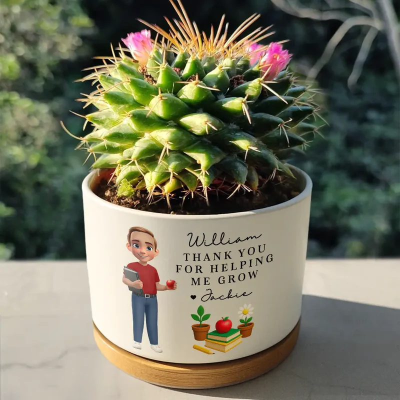 Teacher Thank You For Helping Me Grow - Personalized Ceramic Plant Pot - Back To School Gift For Teachers, Educators