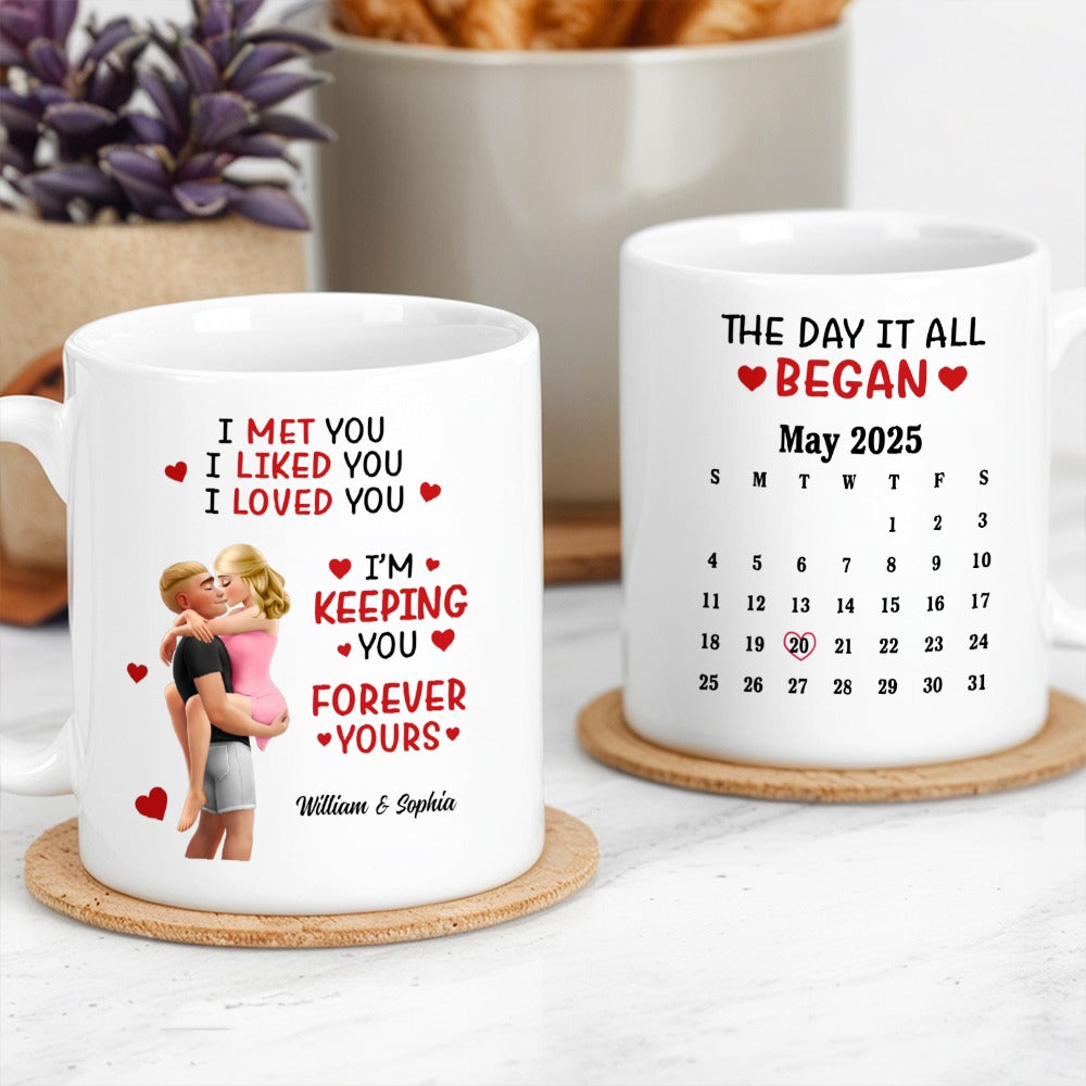 Couple Calendar 'The Day It All Began' - Personalized Custom Mug - Gift For Her/Him, Husband/Wife, Couples on Anniversary, Valentine's Day