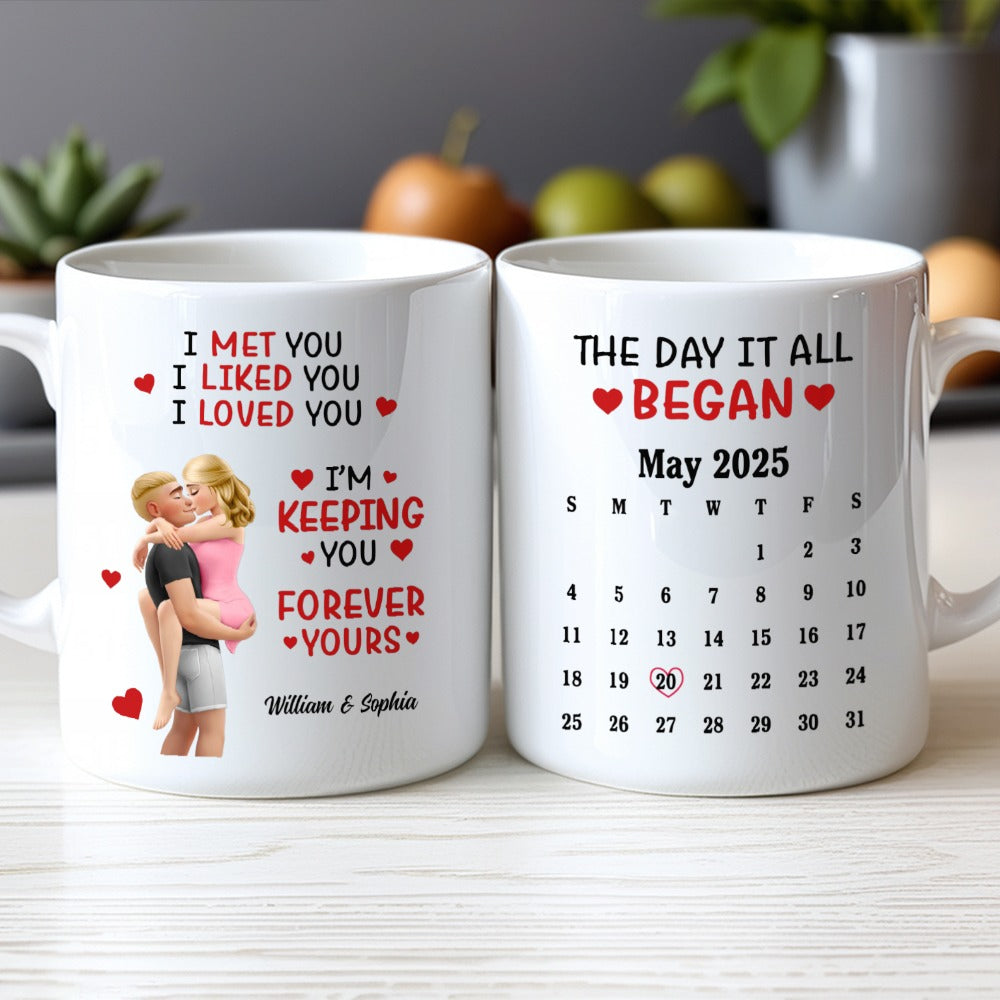 Couple Calendar 'The Day It All Began' - Personalized Custom Mug - Gift For Her/Him, Husband/Wife, Couples on Anniversary, Valentine's Day