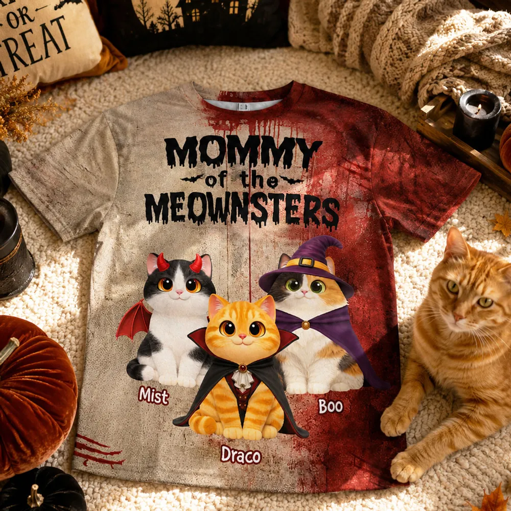 Mommy Daddy Of The Meownsters Cats - Personalized All-Over Print T-Shirt - Halloween Gift for Cat Lovers, Cat Mom, Cat Dad