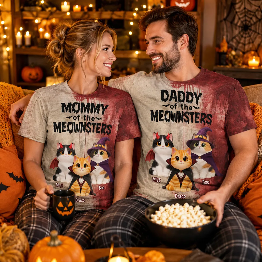 Mommy Daddy Of The Meownsters Cats - Personalized All-Over Print T-Shirt - Halloween Gift for Cat Lovers, Cat Mom, Cat Dad